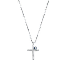 Load image into Gallery viewer, Sterling Silver Rhodium Plated Clear CZ Cross and Evil Eye Necklace