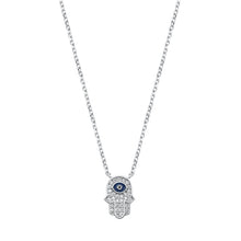 Load image into Gallery viewer, Sterling Silver Rhodium Plated Clear CZ Hamsa and Evil Eye Necklace