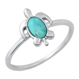 Sterling Silver Rhodium Plated Genuine Turquoise Turtle Ring