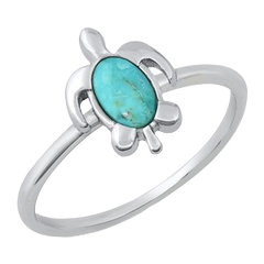 Sterling Silver Rhodium Plated Genuine Turquoise Turtle Ring