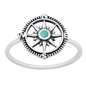 Sterling Silver Oxidized Genuine Turquoise Compass Ring
