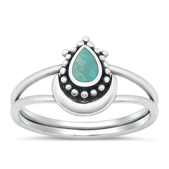 Sterling Silver Dotted Teardrop Genuine Turquoise Ring
