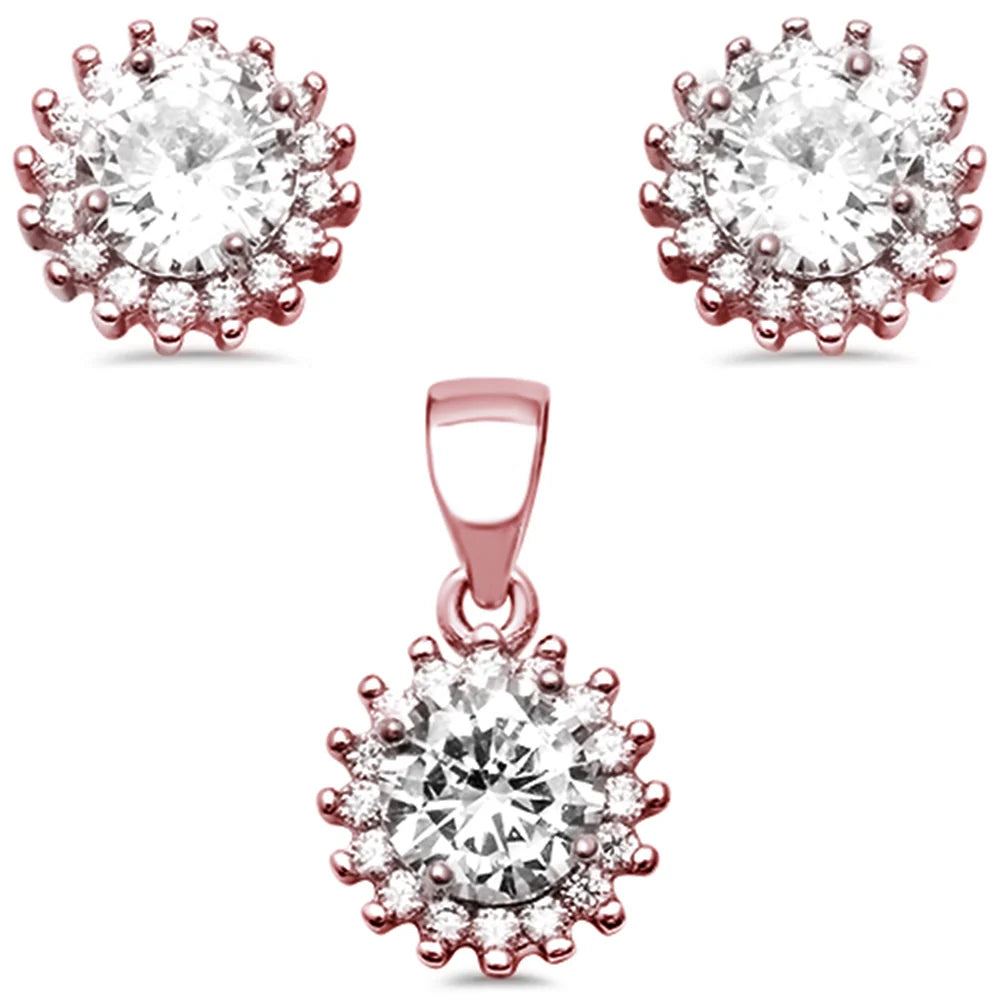 Sterling Silver Rose Gold Plated Halo Cubic Zirconia Earring and Pendant Set