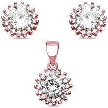 Load image into Gallery viewer, Sterling Silver Rose Gold Plated Halo Cubic Zirconia Earring and Pendant Set