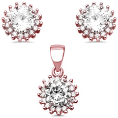 Sterling Silver Rose Gold Plated Halo Cubic Zirconia Earring and Pendant Set