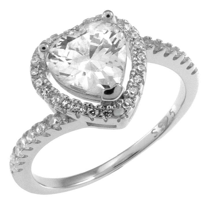 Sterling Silver Heart CZ Halo Engagement Ring