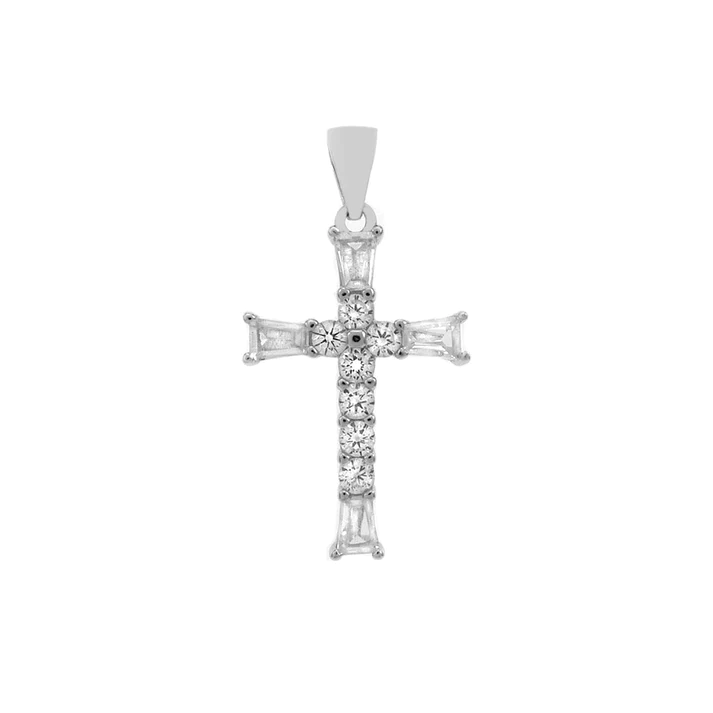 Sterling Silver Round Trapezoid CZ Cross Pendant