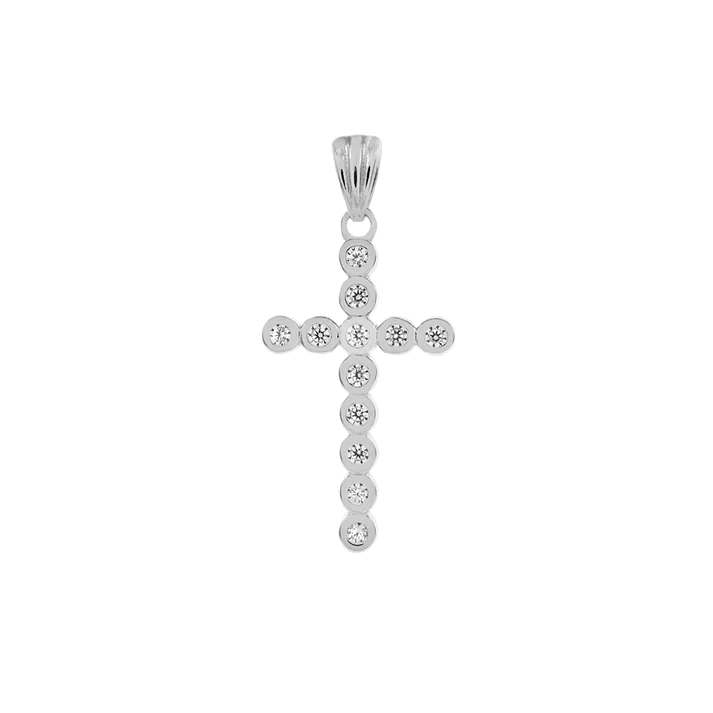Sterling Silver Rhodium Plated Round Bezel Set CZ Cross Pendant