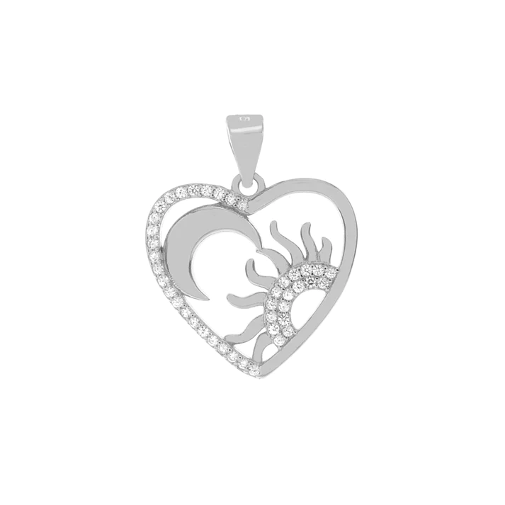 Sterling Silver Rhodium Plated Sun And Moon In Heart CZ Pendant