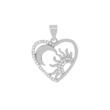 Load image into Gallery viewer, Sterling Silver Rhodium Plated Sun And Moon In Heart CZ Pendant