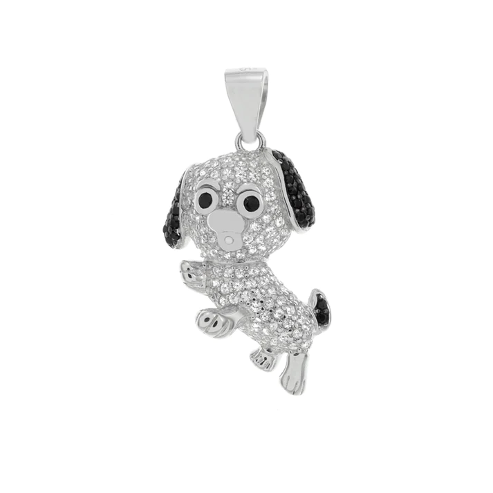 Sterling Silver Black And White Pave CZ Dog Pendant