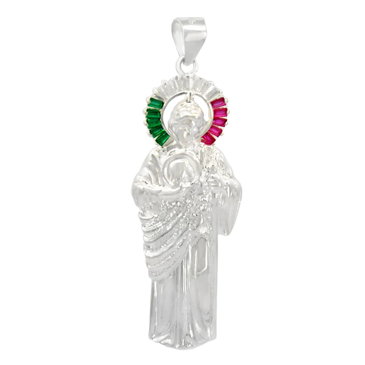 Sterling Silver Polished Saint Jude With Green White Red CZ Pendant