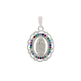 Sterling Silver Lady Of Guadalupe Multi Color CZ Oval Pendant