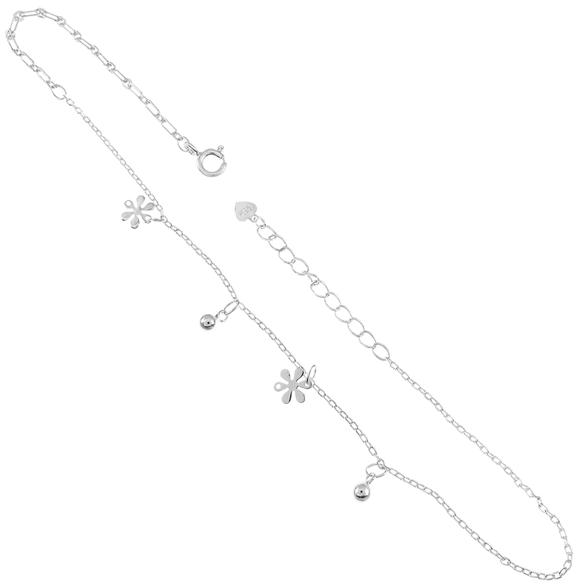 Sterling Silver Flower Bead Charm Anklet