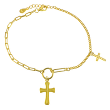 Load image into Gallery viewer, Sterling Silver Gold Plated Cuban Paperclip Chain With Cross Charm Bracelet