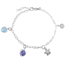 Load image into Gallery viewer, Sterling Silver Oval Cable Diamond Cut With Flowers Butterfly Charm Bracelet
