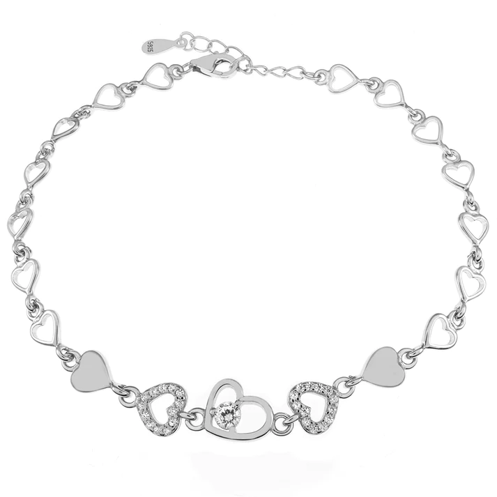 Sterling Silver Rhodium Plated Heart CZ Bracelet