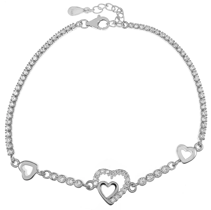 Sterling Silver Rhodium Plated Round CZ With Heart Bracelet