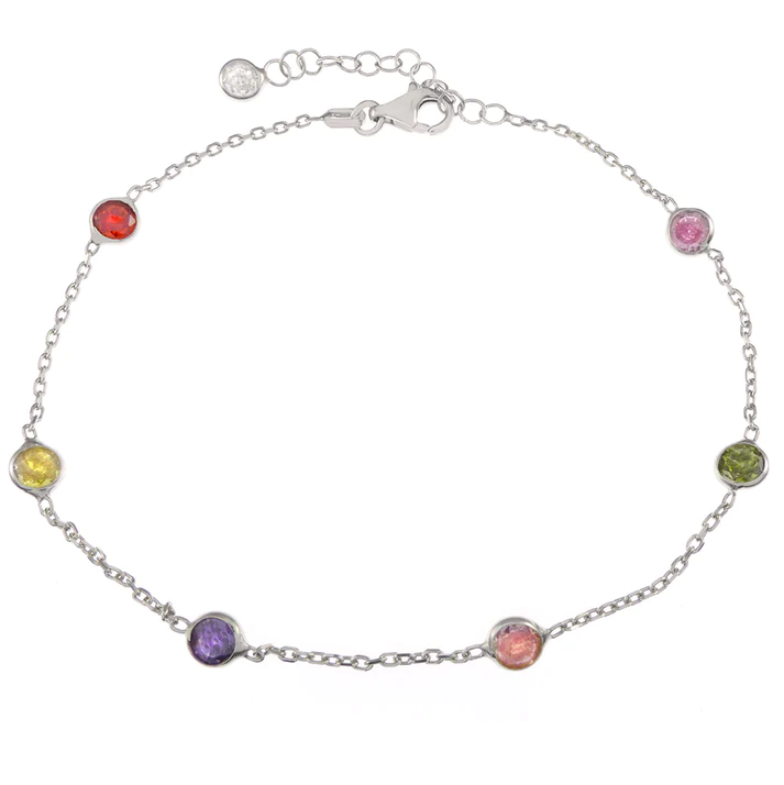 Sterling Silver Rhodium Plated Multi Color Round CZ Bezel Set Bracelet