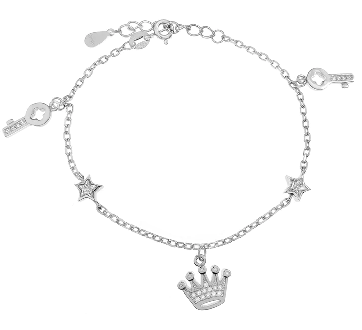Sterling Silver Rhodium Plated Crown Key Star CZ Charm Bracelet