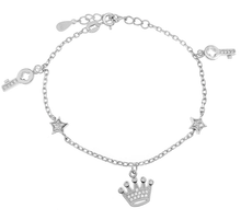 Load image into Gallery viewer, Sterling Silver Rhodium Plated Crown Key Star CZ Charm Bracelet