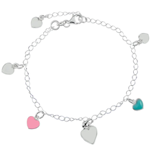 Load image into Gallery viewer, Sterling Silver Pink, Turquoise And Blue Enamel Heart Charms Bracelet