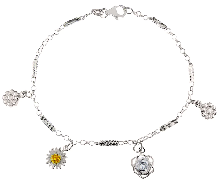 Sterling Silver Polished Flowers Charm Bracelet