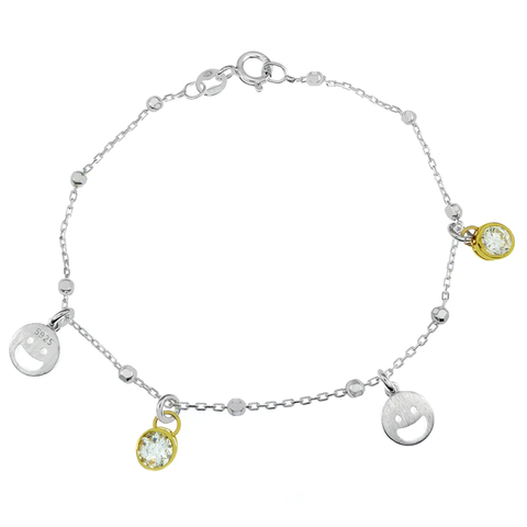 Sterling Silver Gold Plated Round CZ Bezel Set And Emoji Bracelet