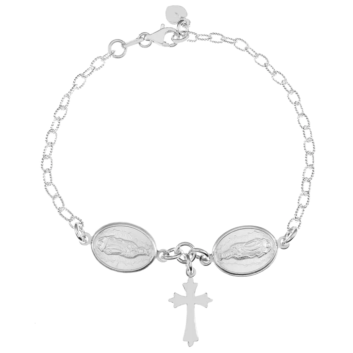 Sterling Silver Oval Rolo Diamond Cut With Lady Of Guadalupe Cross Bracelet