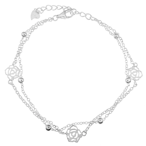 Sterling Silver Rose Cutout Bead Double Strand Chain Bracelet
