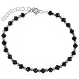 Sterling Silver Rhodium Plated Black Crystal And Diamond Cut Bead Bracelet