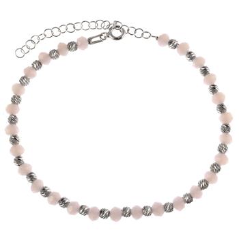 Sterling Silver Rhodium Plated Pink Crystal And Diamond Cut Bead Bracelet