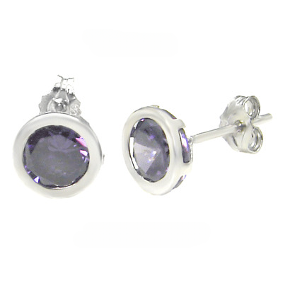 Sterling Silver 7MM Round CZ Bezel Stamping Stud Earrings