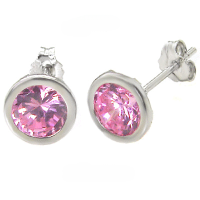 Sterling Silver 7MM Round CZ Bezel Stamping Stud Earrings