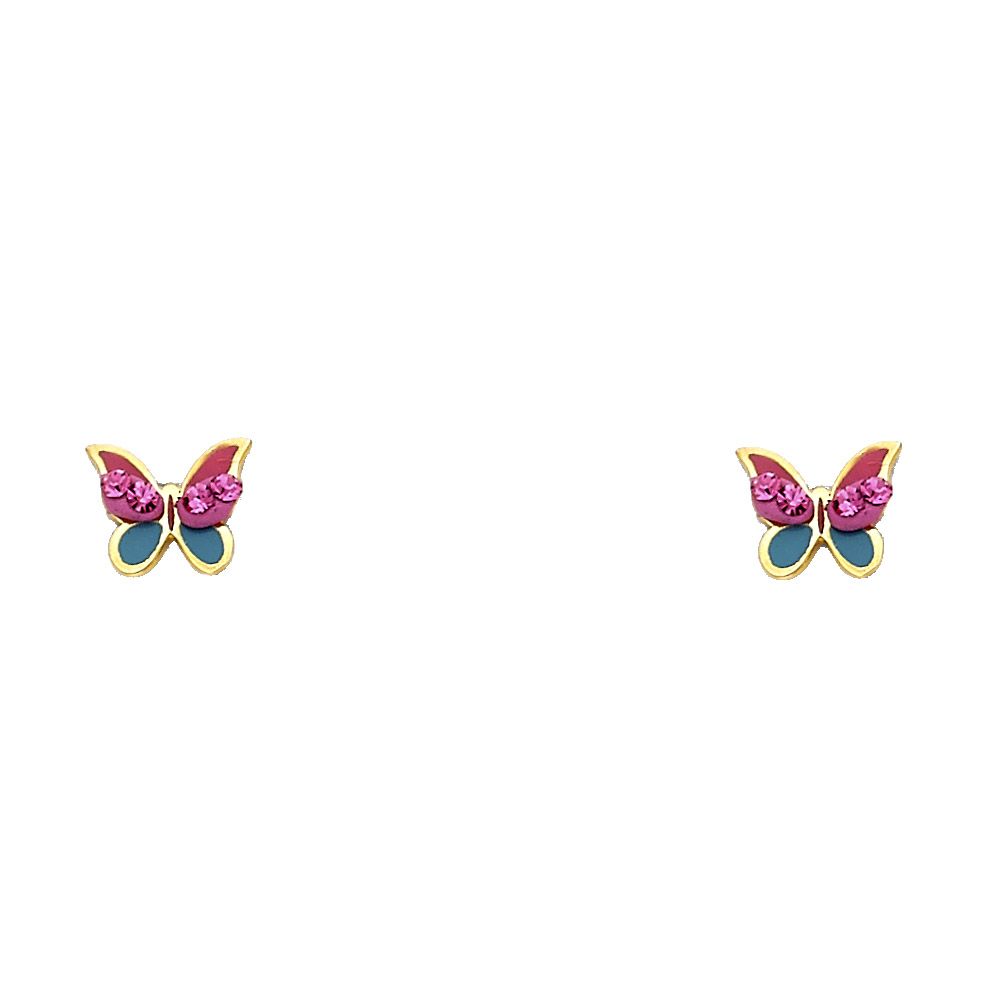 14K Yellow Gold Crystal Butterfly Stud Earrings with Screw Back