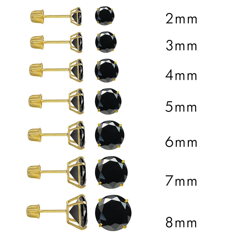 14K Yellow Gold Round Black Cubic Zirconia Screw Back Earring. Set on High Quality Prong Setting and Friction Style