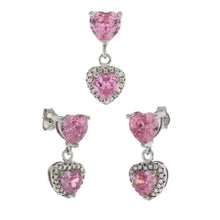 Load image into Gallery viewer, Sterling Silver 6mm Pink CZ Heart Dangle Earrings &amp; Slide Pendant Set