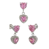 Sterling Silver 6mm Pink CZ Heart Dangle Earrings & Slide Pendant Set