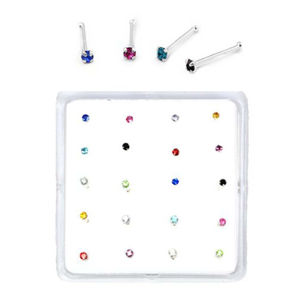Sterling Silver Set of 20 Multi-Color Nose Stud Box 1.5 mm With End Ball (Colors May Vary)