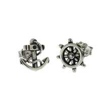 Load image into Gallery viewer, Sterling Silver Anchor and Ship Wheel Nautical Mismatch Oxidized Stud Earrings