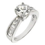 Center 7mm Round CZ W. Baguette Cubic Zirconia Sterling Silver Engagement Ring