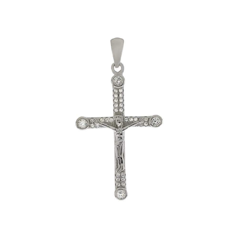 Sterling Silver Crucifix Cross CZ Rhodium Pendant