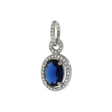Load image into Gallery viewer, Sterling Silver 9X7mm Simulated Oval Sapphire Halo CZ Pendant