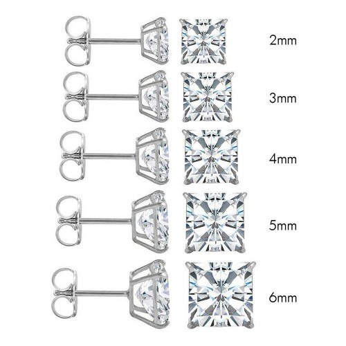 (PACK OF 6)14K White Gold Princess Cut Cubic Zirconia Earring Set on High Quality Prong Setting and Friction Style Post