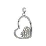 Sterling Silver Fancy Open Heart Pendant with Floating Pave Heart DesignAnd Pendant Dimensions of 18MMx31.75MM