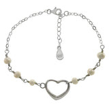 Sterling Silver Floating Heart W Fresh Water Pearl Rhodium Bracelet