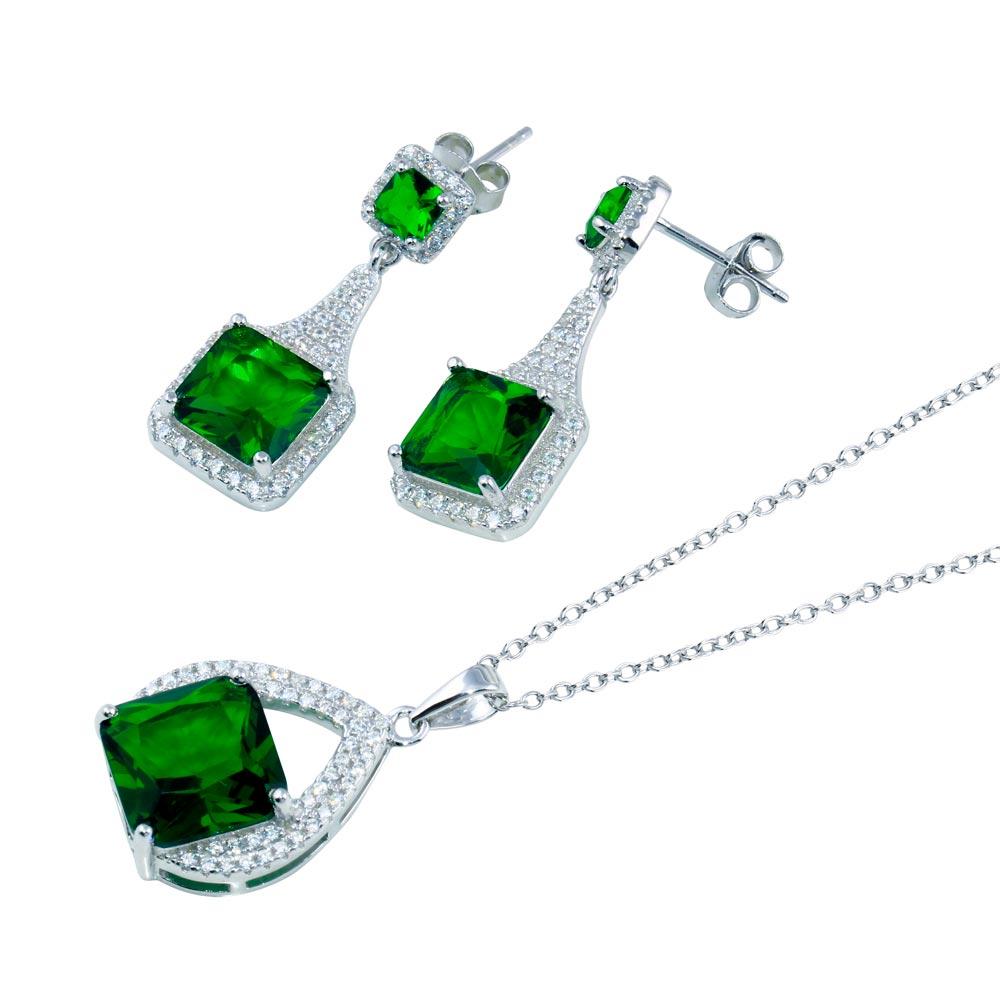 Sterling Silver Rhodium Plated Teardrop Pendant Square Green CZ Set Earring