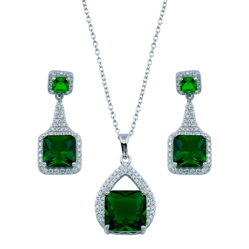 Sterling Silver Rhodium Plated Teardrop Pendant Square Green CZ Set Earring
