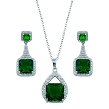 Load image into Gallery viewer, Sterling Silver Rhodium Plated Teardrop Pendant Square Green CZ Set Earring
