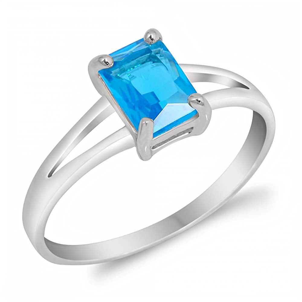 Sterling Silver Rhodium Plated Prong-Set Emerald-Cut Blue Topaz Cz Split Band Baby Ring with Ring Face Height of 7MM and Ring Band Width of 2MM